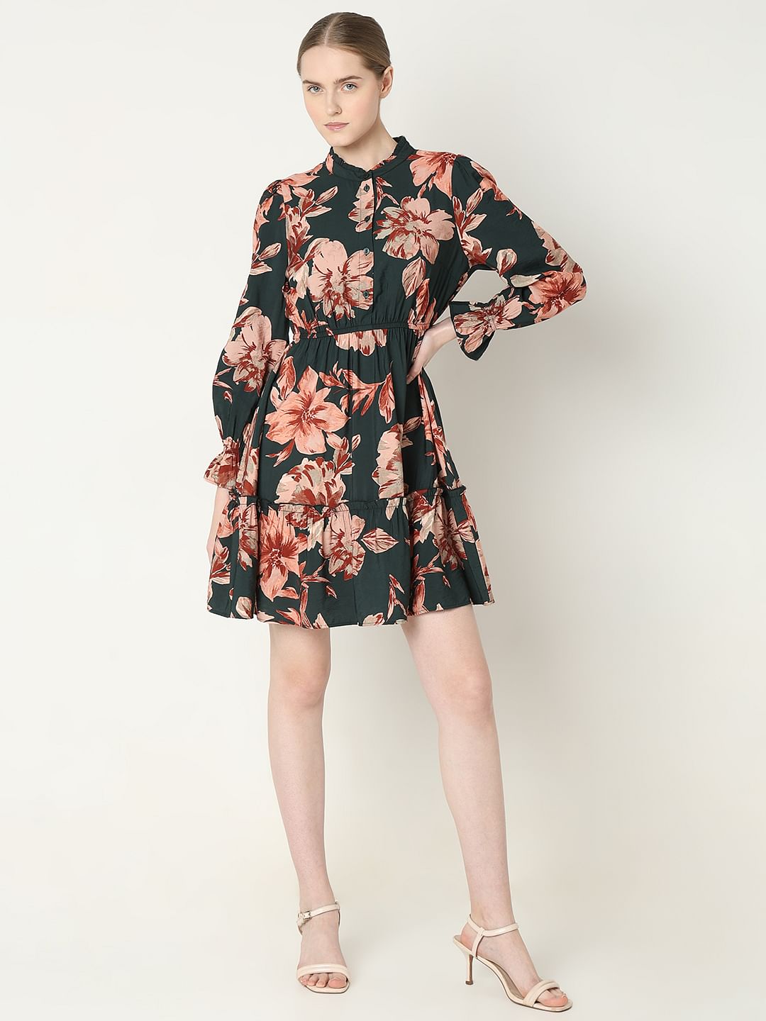Green Floral Print Short Frill Dress