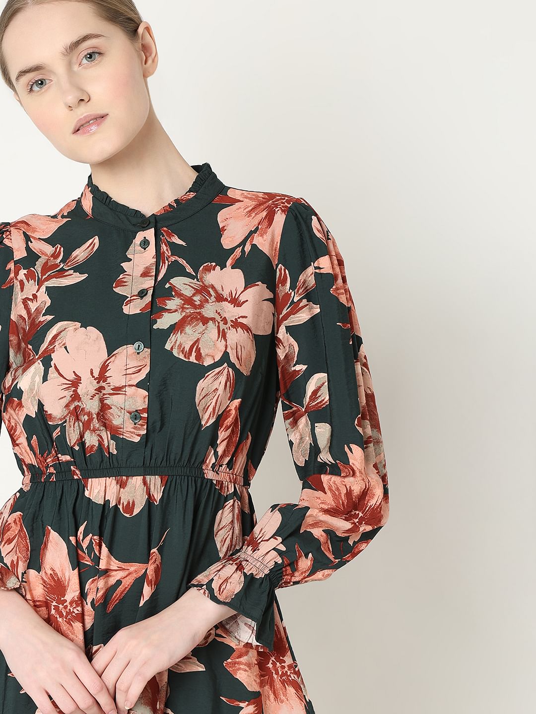Green Floral Print Short Frill Dress