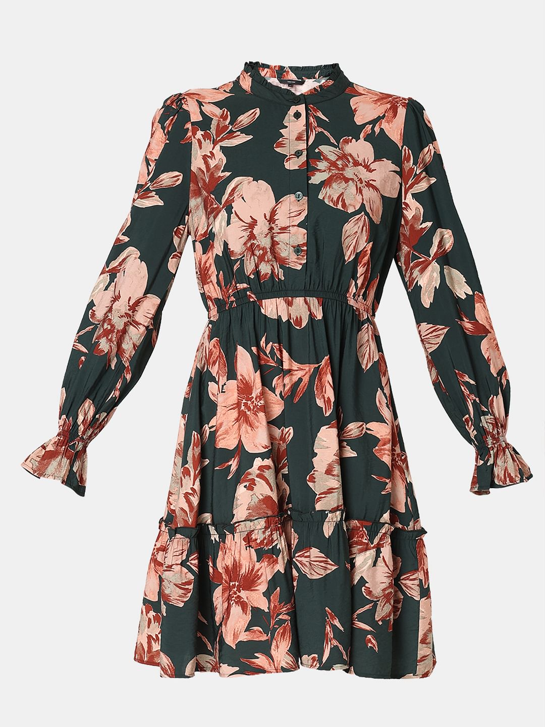 Green Floral Print Short Frill Dress