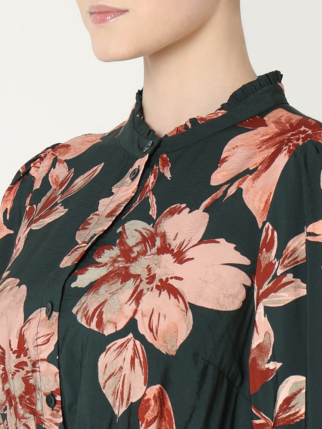 Green Floral Print Short Frill Dress