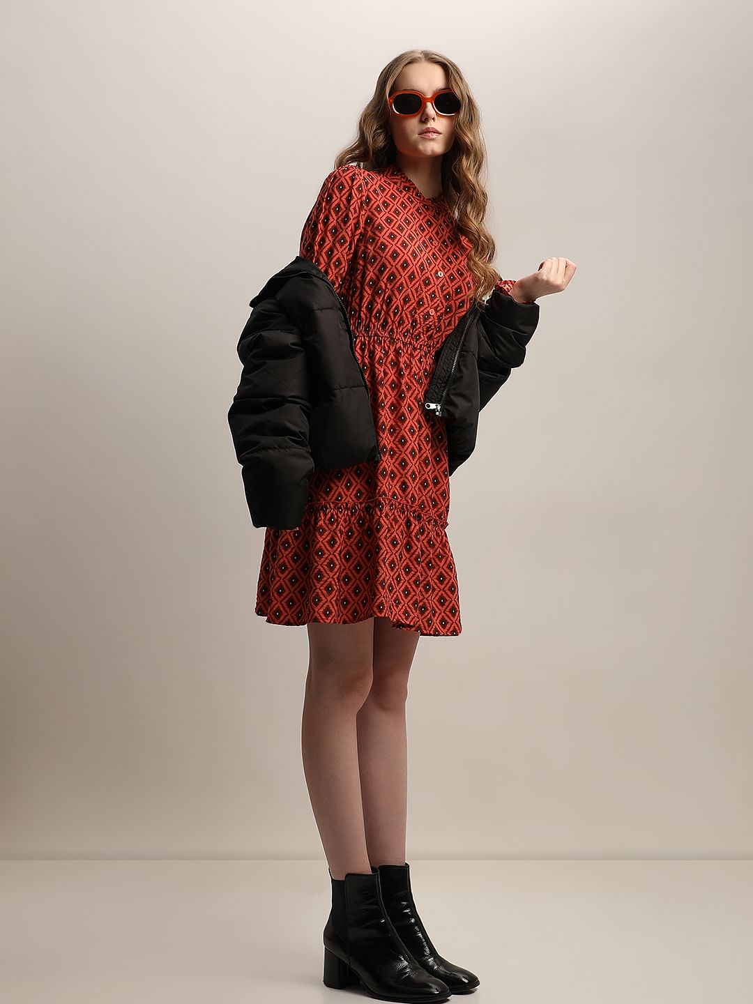 Rust Printed Fit & Flare Dress