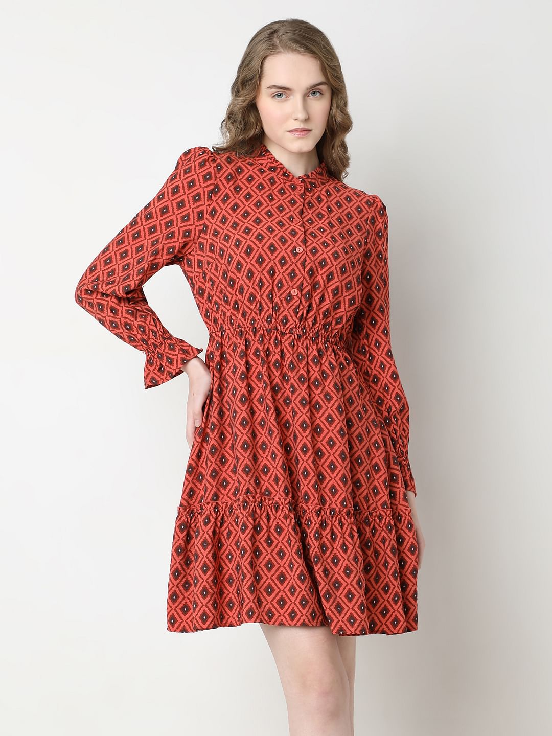 Rust Printed Fit & Flare Dress