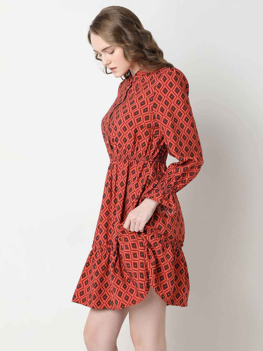 Rust Printed Fit & Flare Dress
