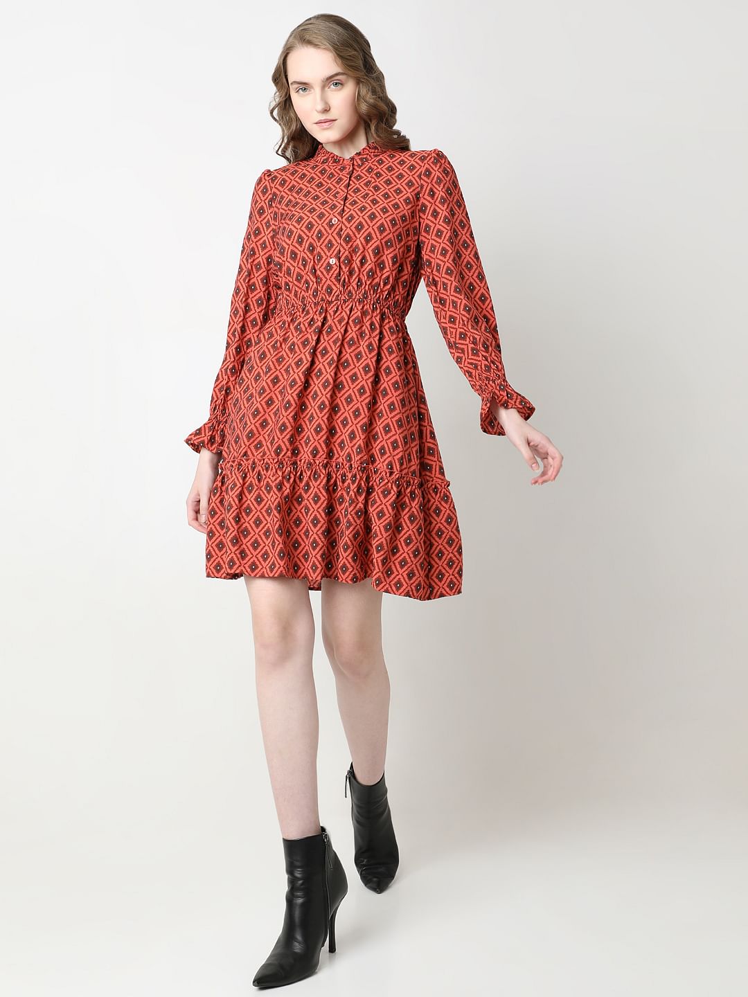 Rust Printed Fit & Flare Dress