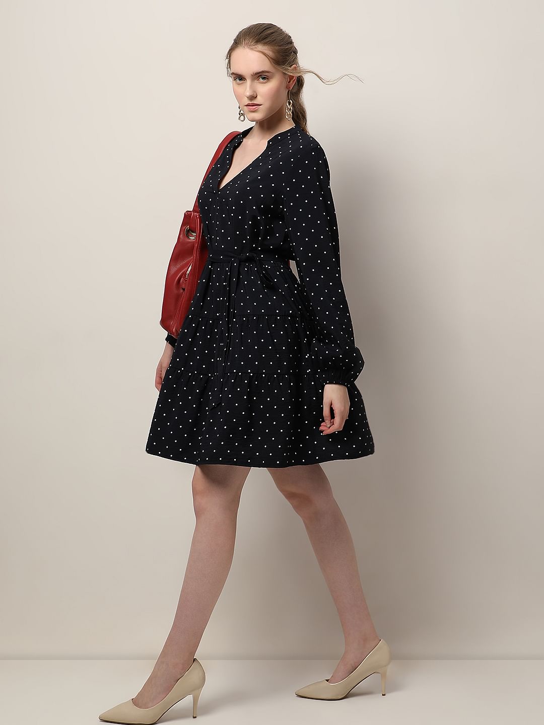 Navy Blue Polka Dot Tiered Dress