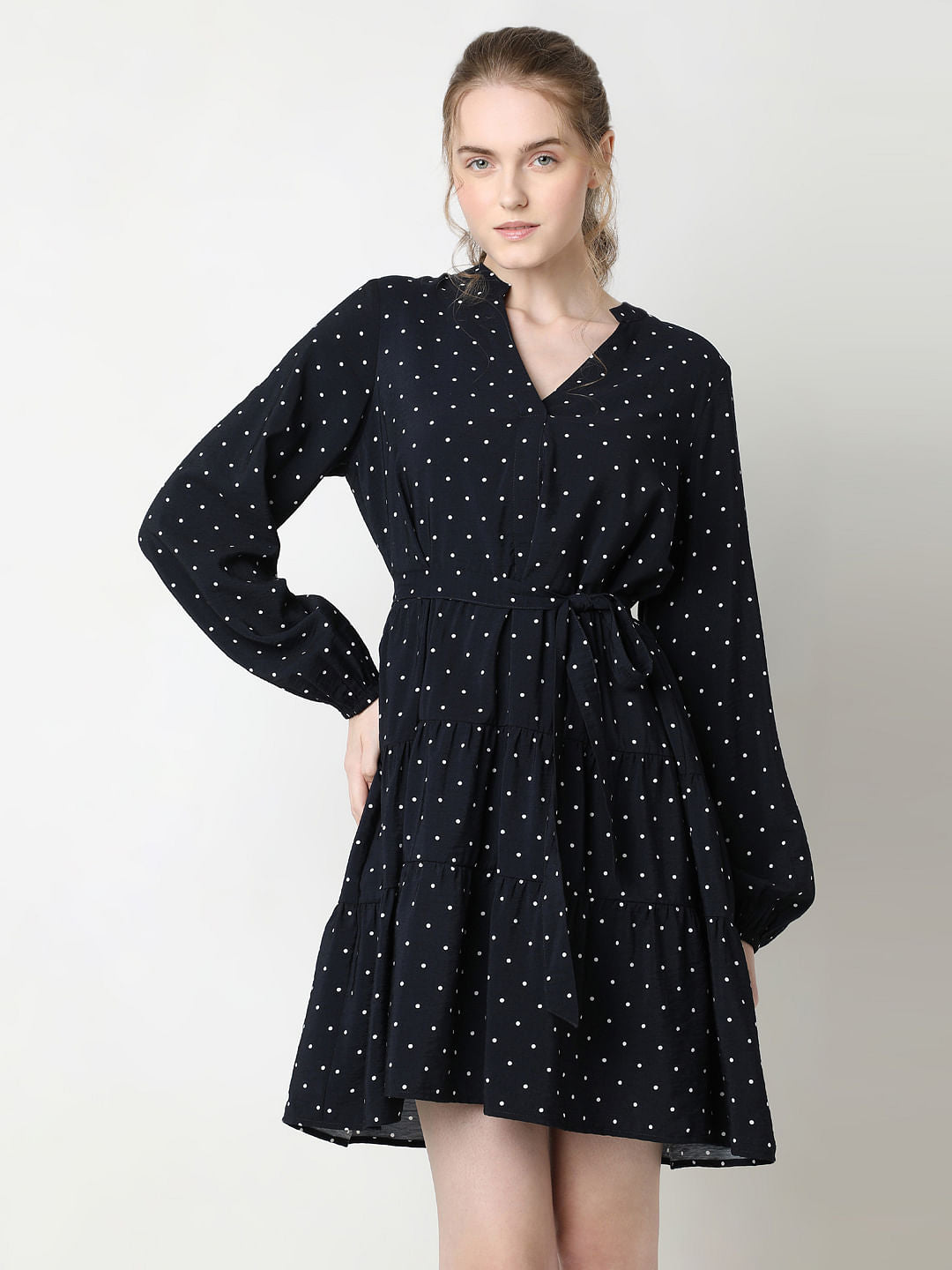 Navy Blue Polka Dot Tiered Dress