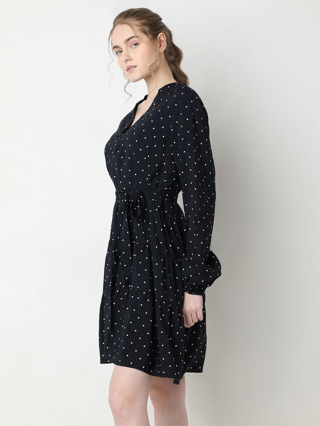 Navy Blue Polka Dot Tiered Dress