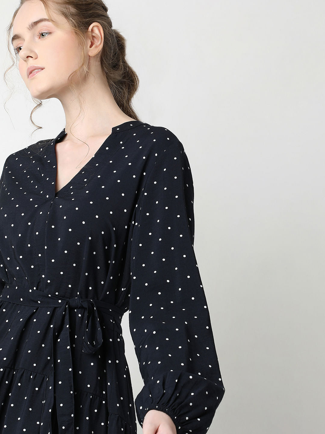 Navy Blue Polka Dot Tiered Dress