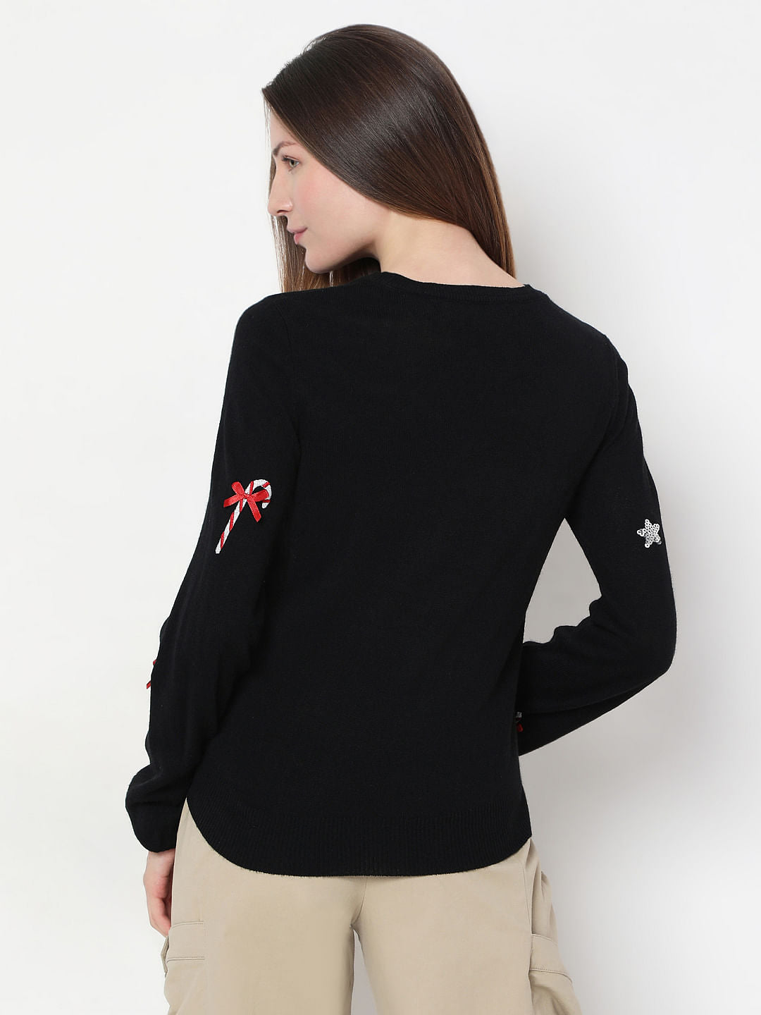 Black Christmas Print O-Neck Pullover