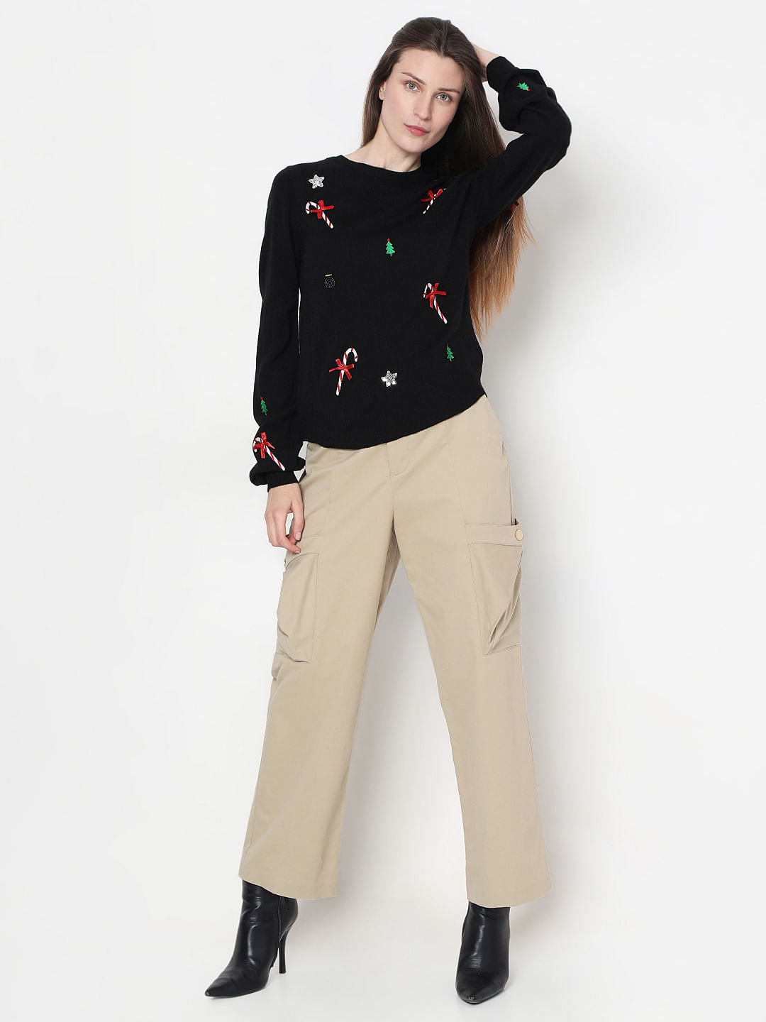 Black Christmas Print O-Neck Pullover