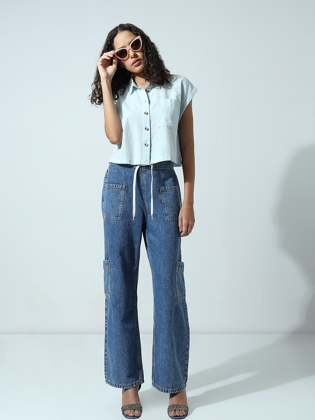 Shoelace Drawstring Wide Cargo Jeans