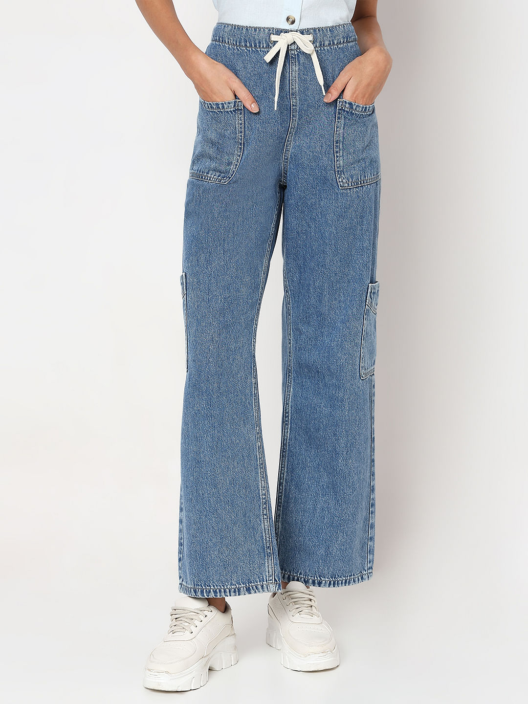 Shoelace Drawstring Wide Cargo Jeans