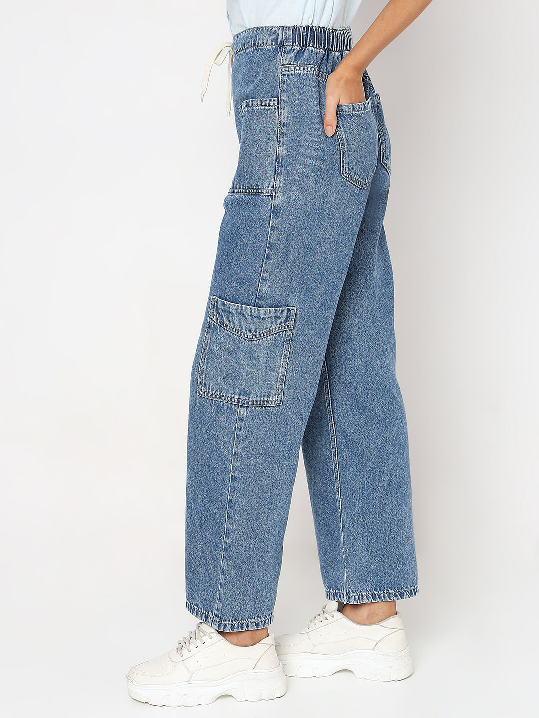 Shoelace Drawstring Wide Cargo Jeans