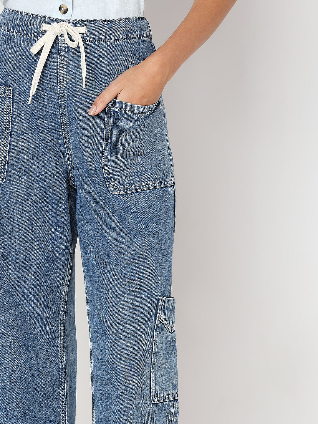 Shoelace Drawstring Wide Cargo Jeans