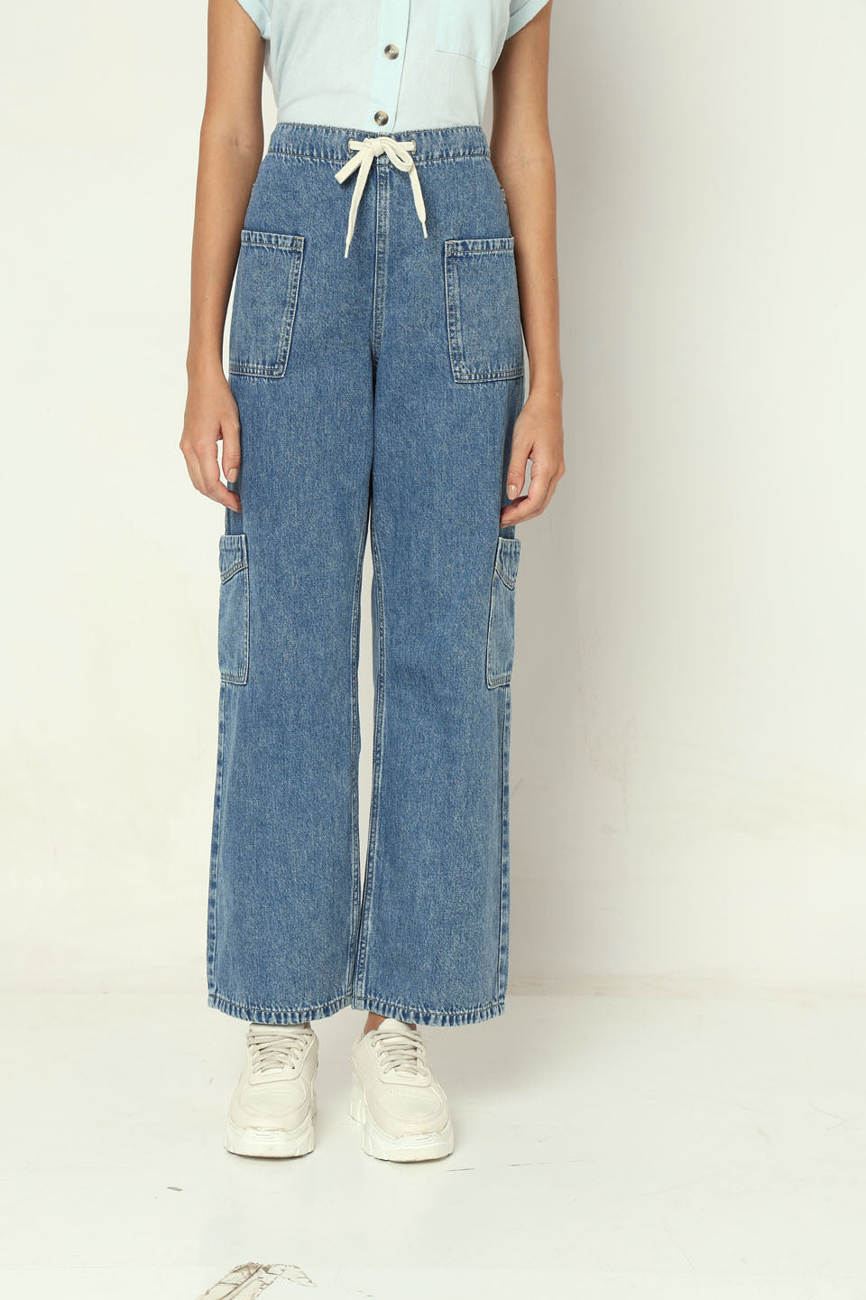 Shoelace Drawstring Wide Cargo Jeans