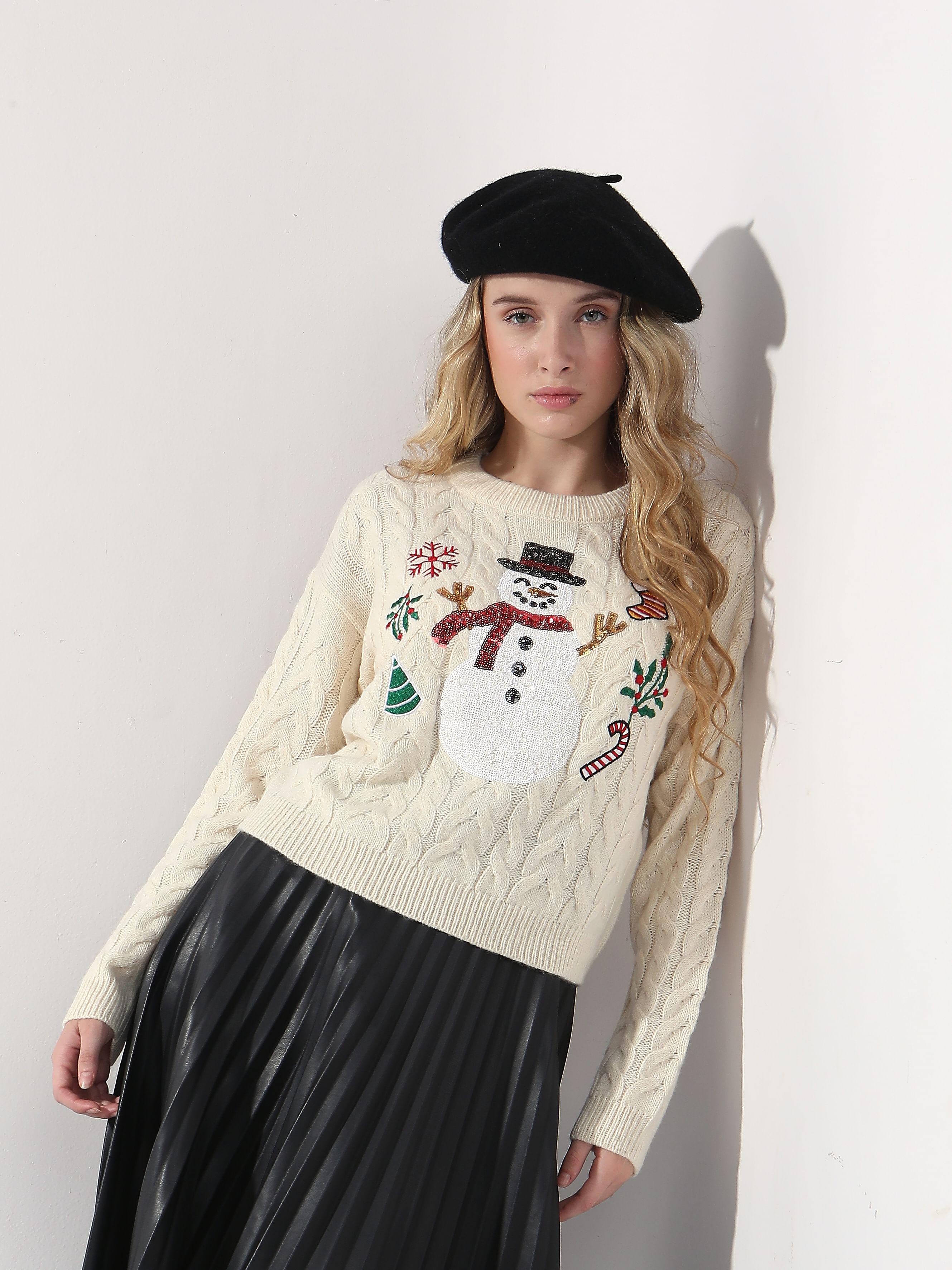 Beige Snowman Cable Knit Pullover