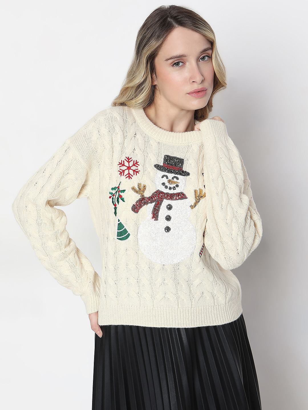 Beige Snowman Cable Knit Pullover