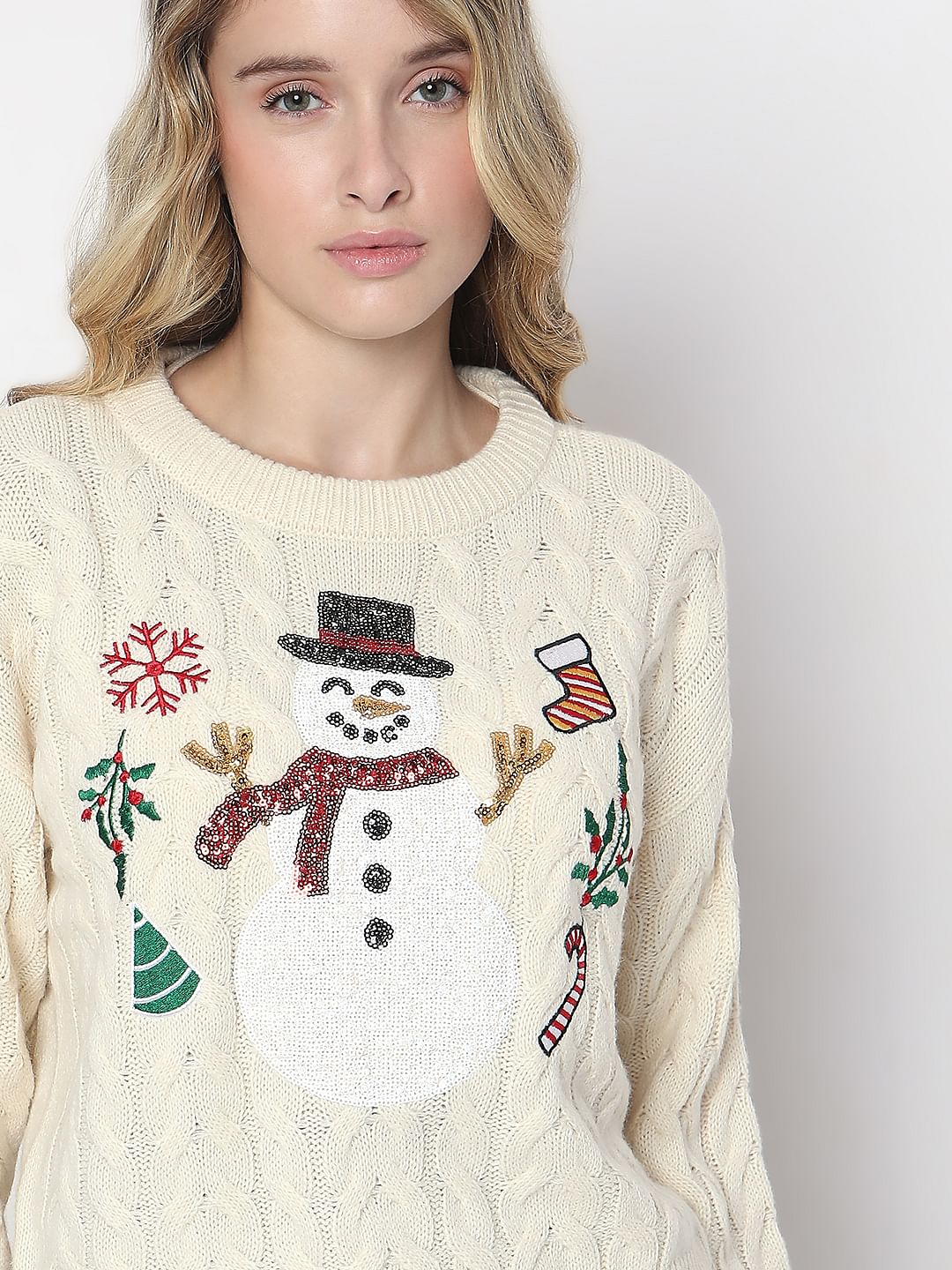 Beige Snowman Cable Knit Pullover