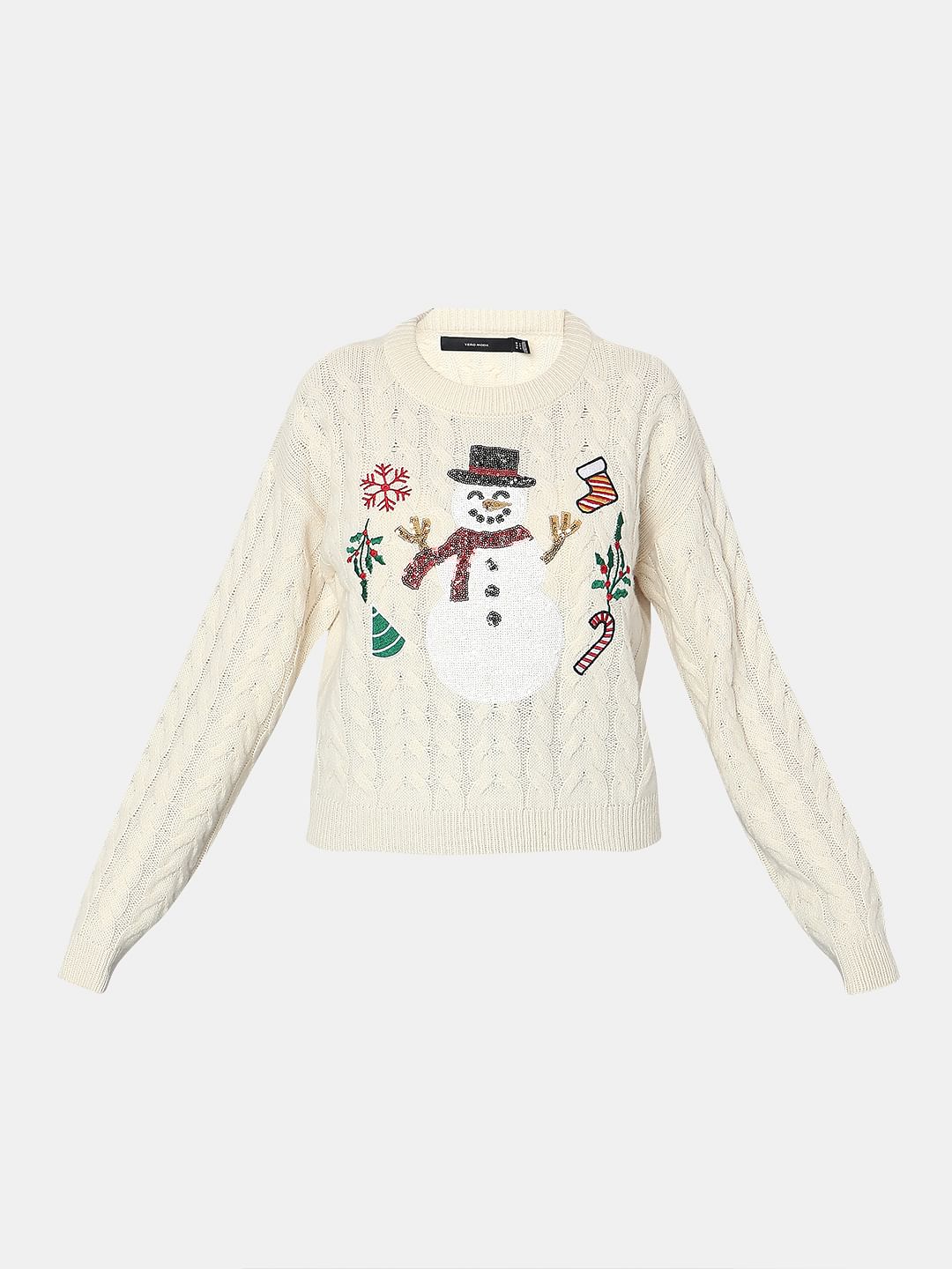 Beige Snowman Cable Knit Pullover