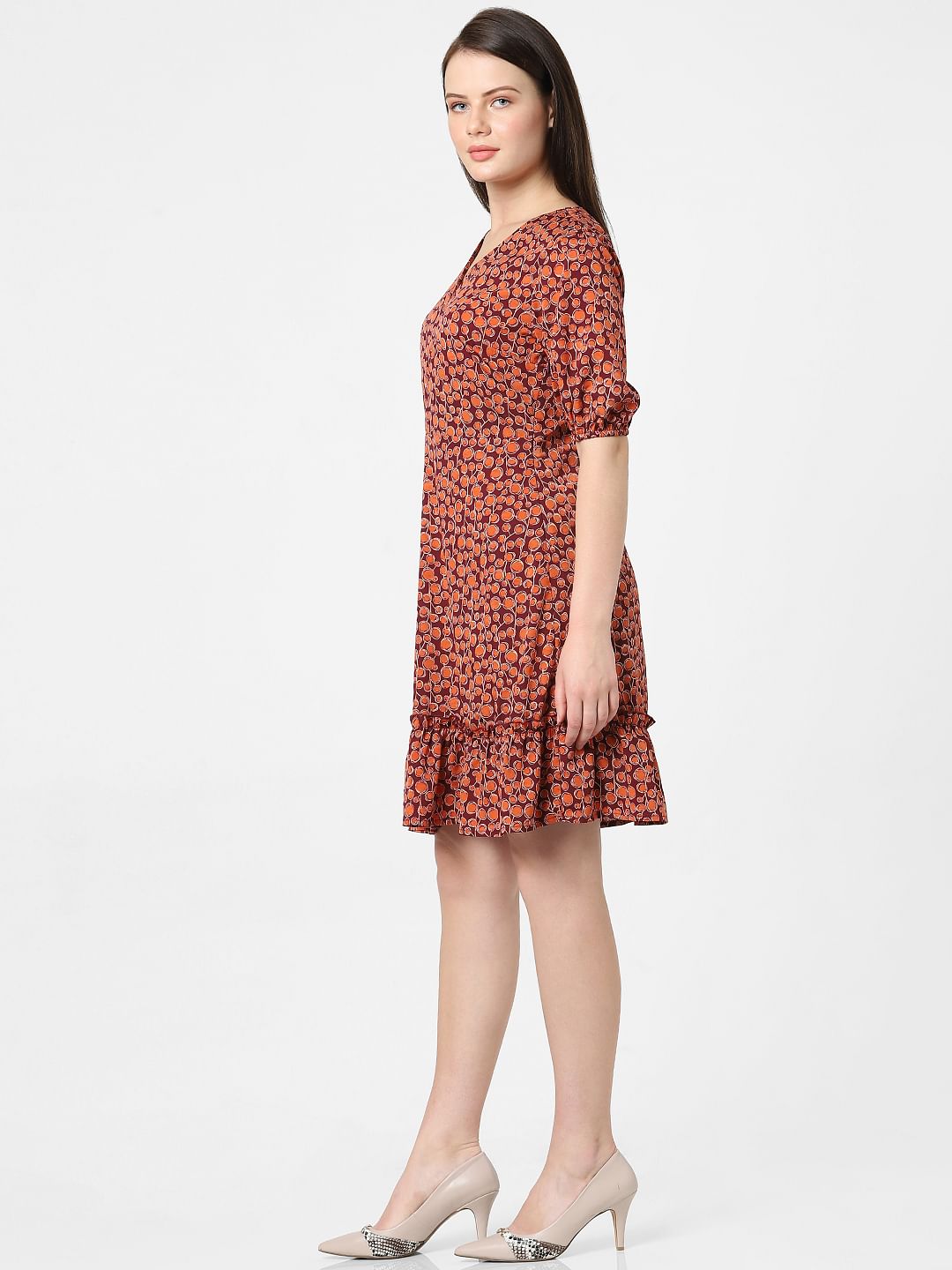 Brown Printed Fit & Flare Dress