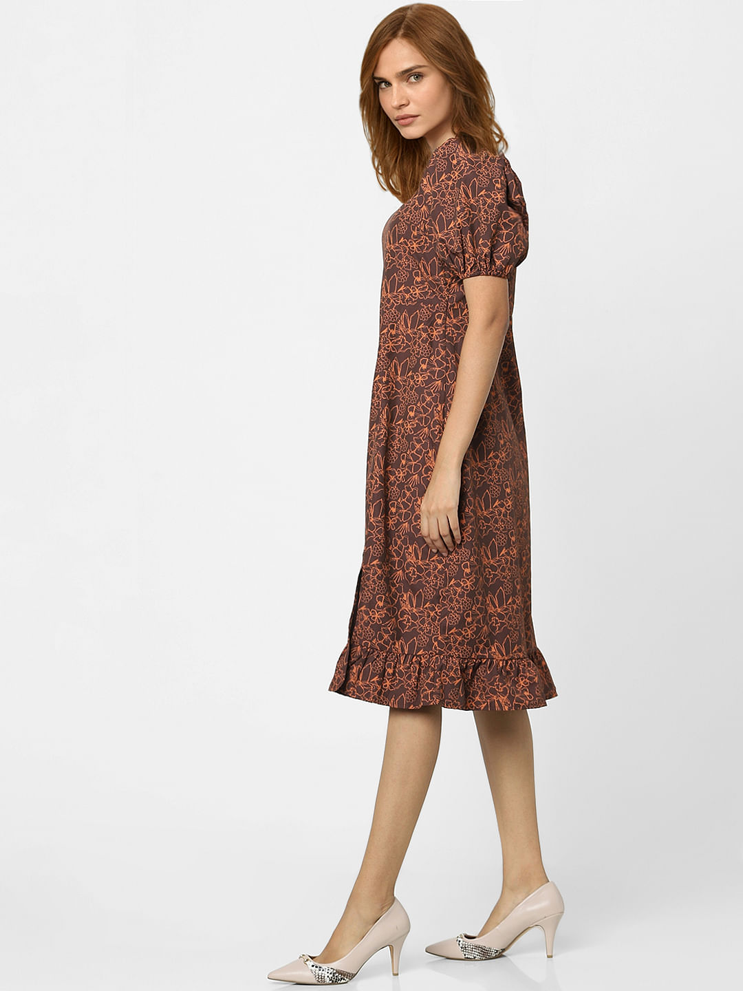 Coffee Brown Floral Midi Dress