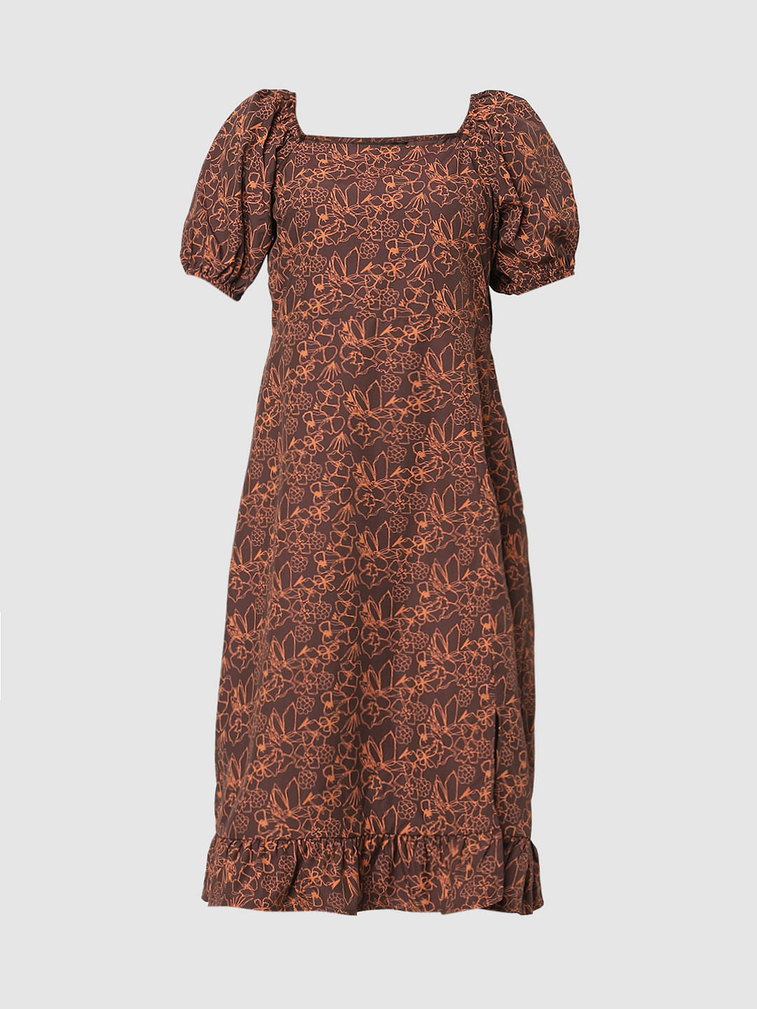 Coffee Brown Floral Midi Dress