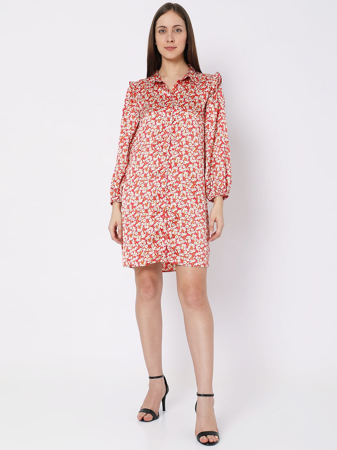 Red Floral Shirt Dress