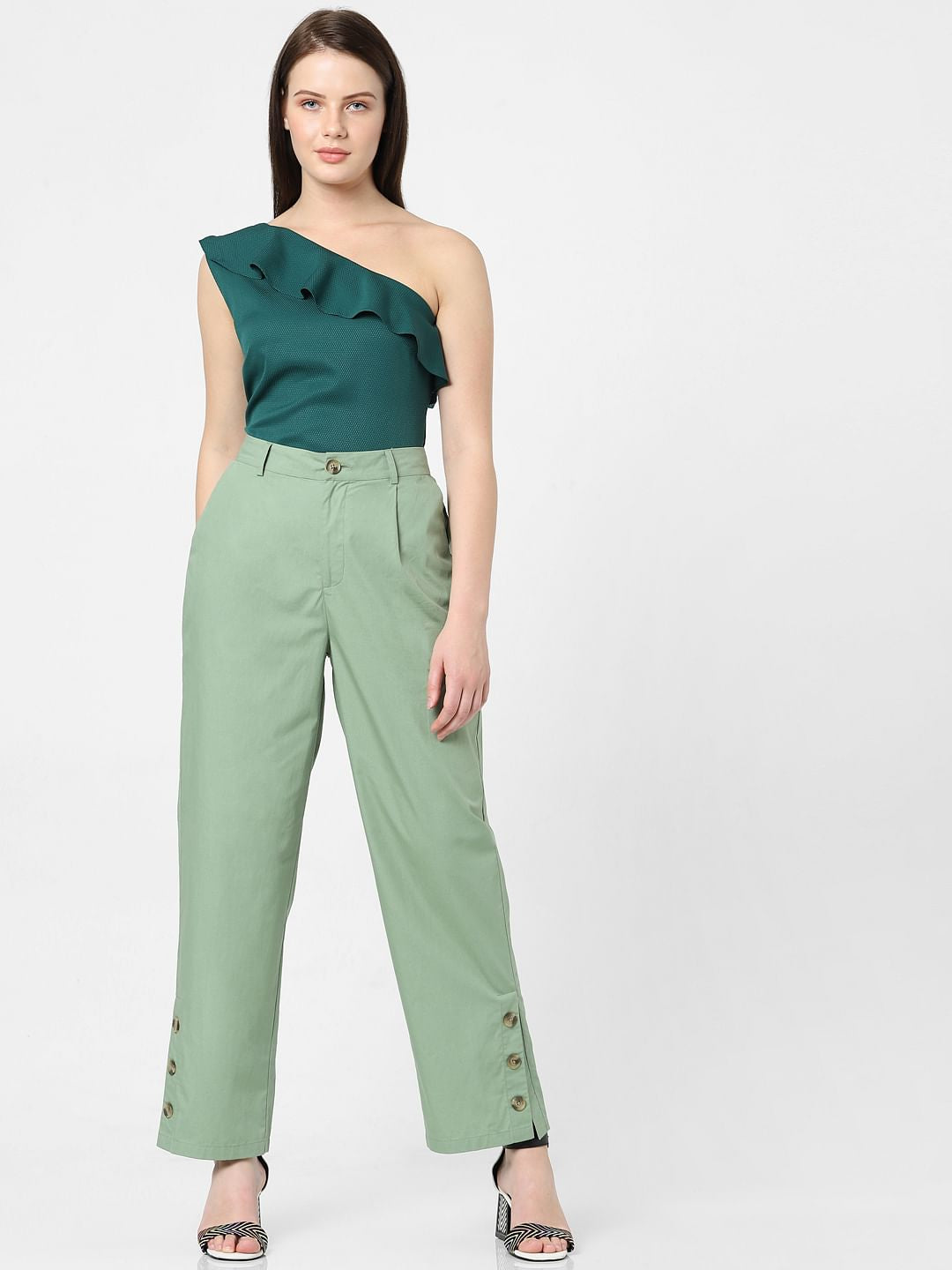 Green High Rise Straight Fit Pants