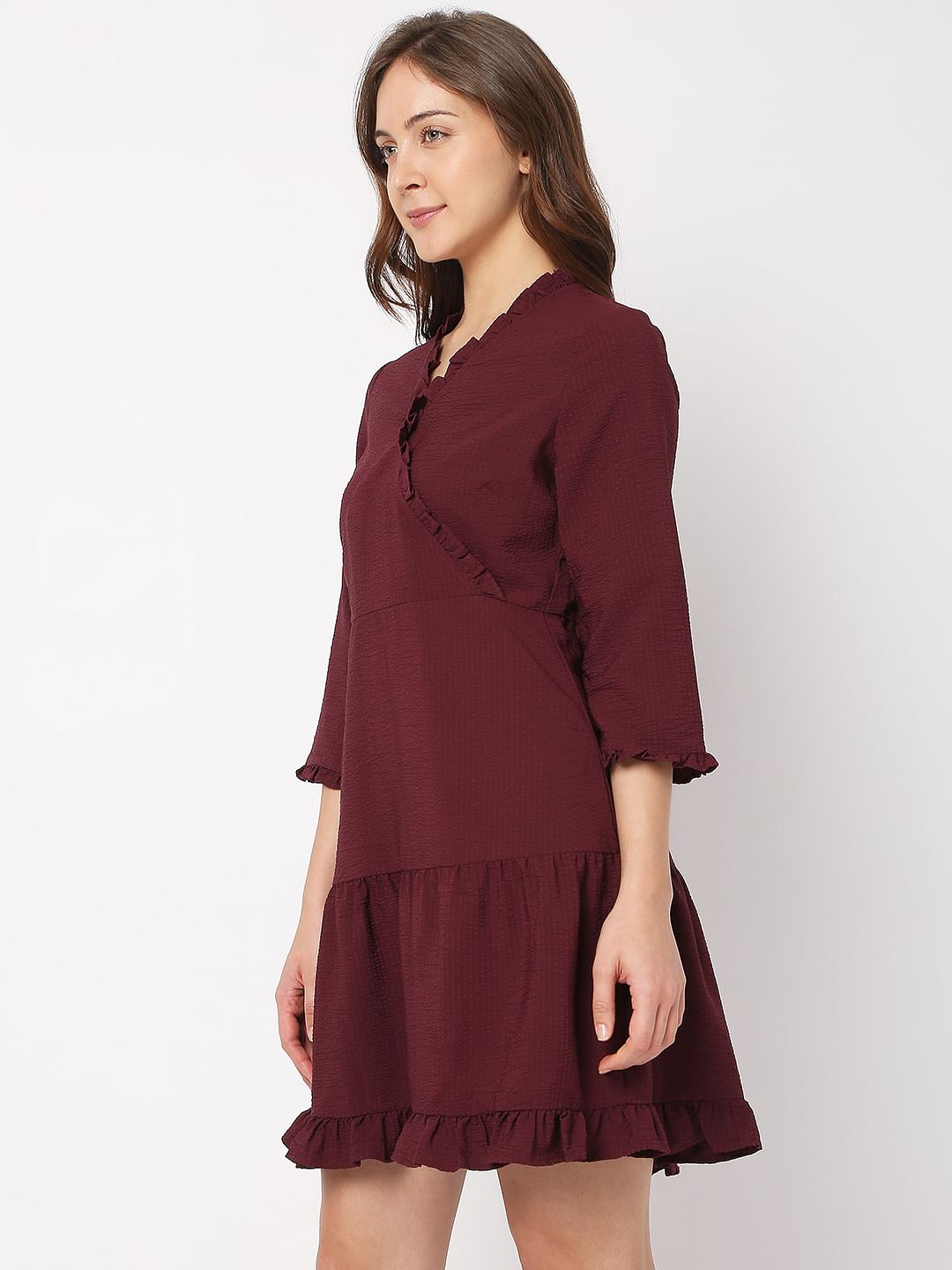 Wine Mock Wrap Shift Dress