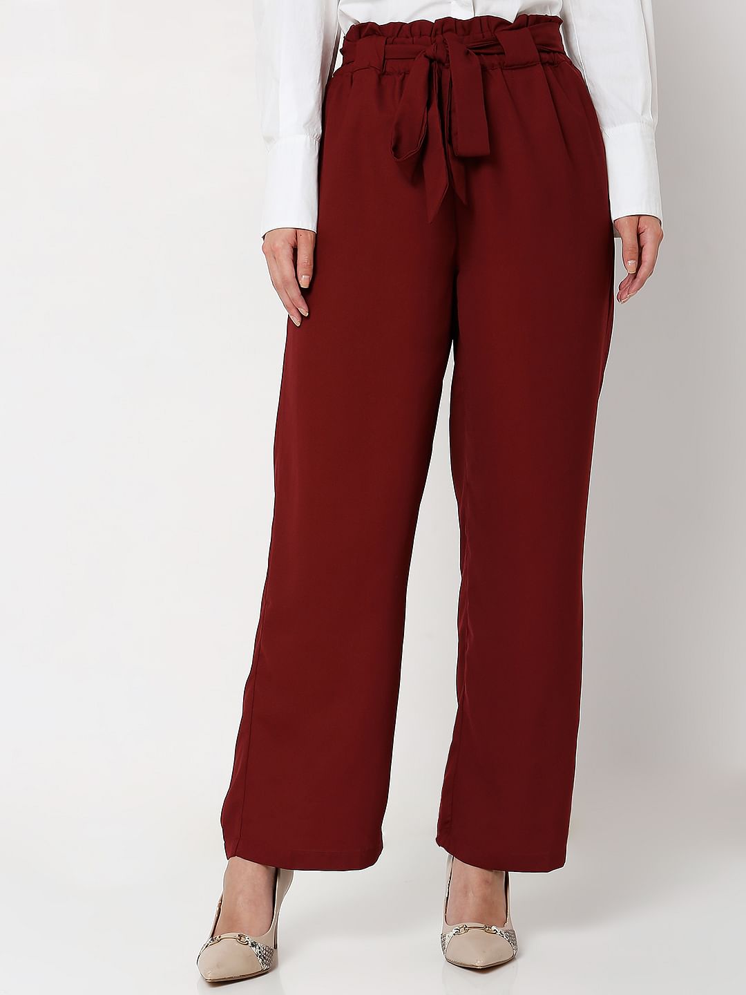 Red High Rise Paperbag Waist Pants