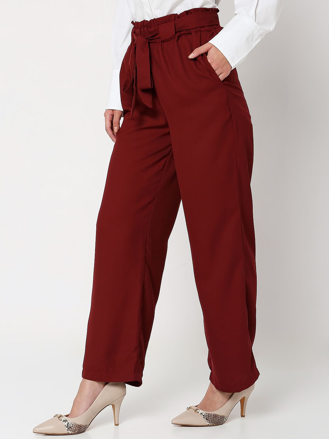 Red High Rise Paperbag Waist Pants