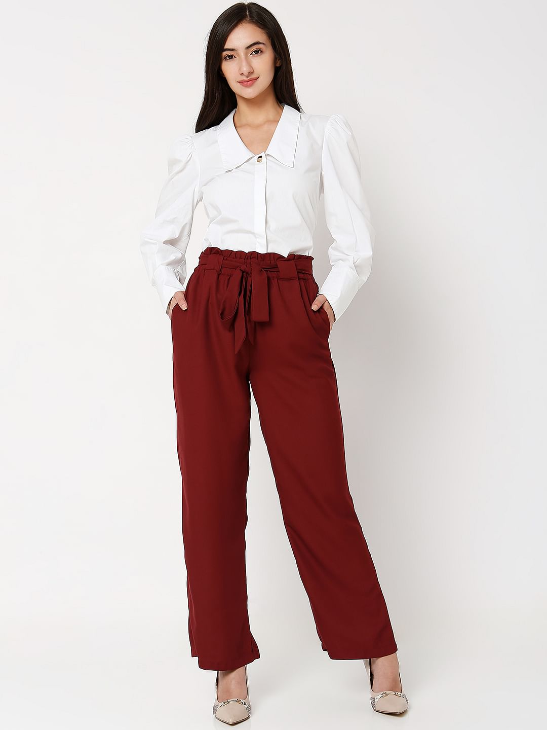 Red High Rise Paperbag Waist Pants