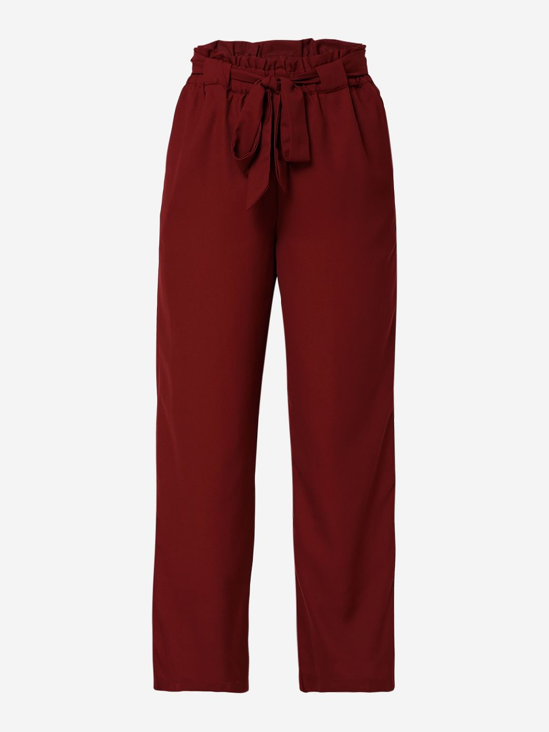 Red High Rise Paperbag Waist Pants
