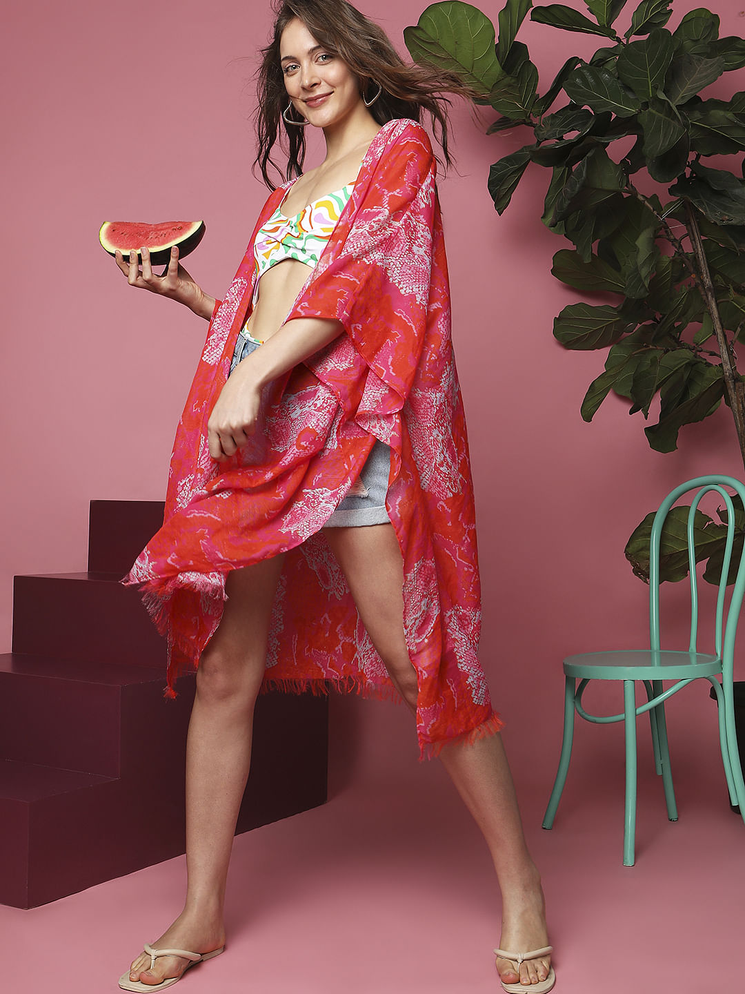 Coral Pink Abstract Print Poncho