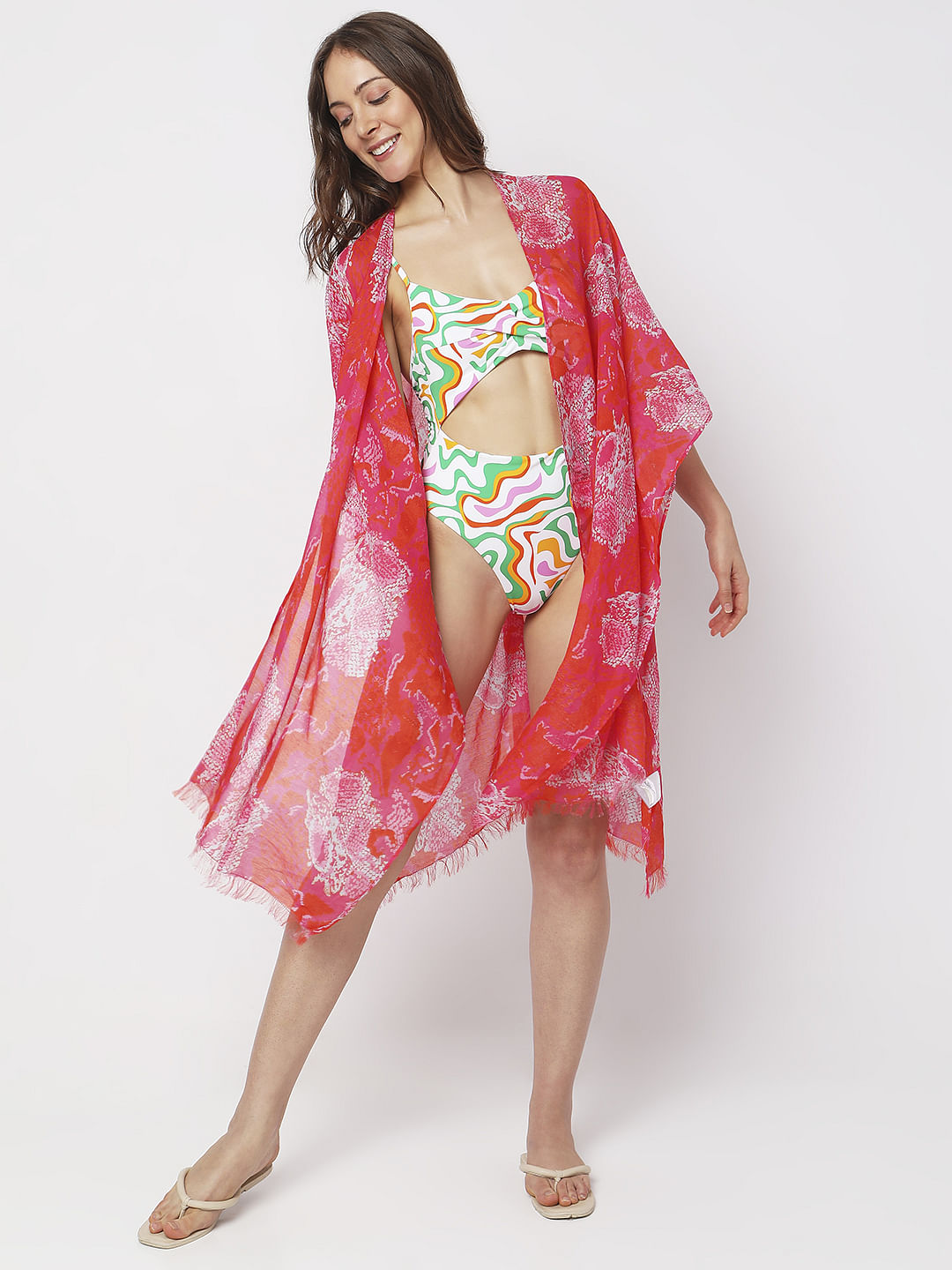 Coral Pink Abstract Print Poncho