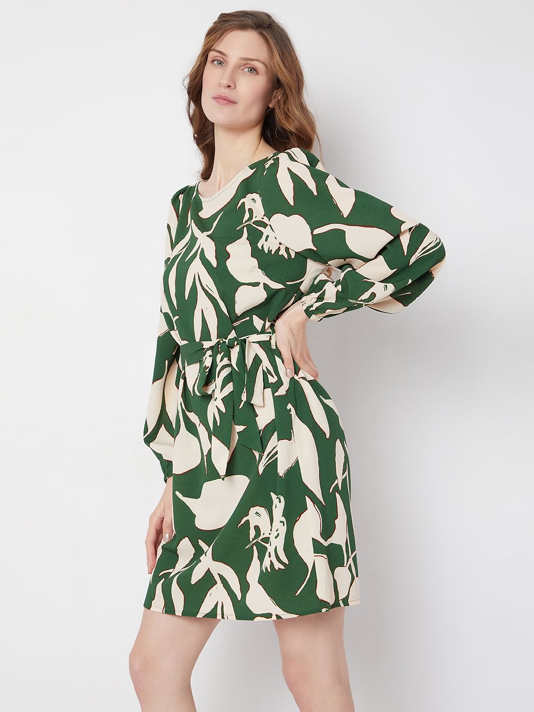 Green & Beige Printed Shift Dress