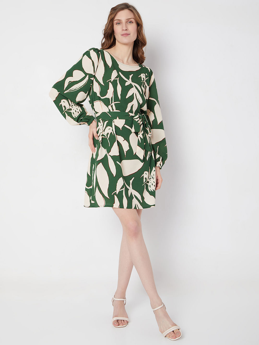 Green & Beige Printed Shift Dress