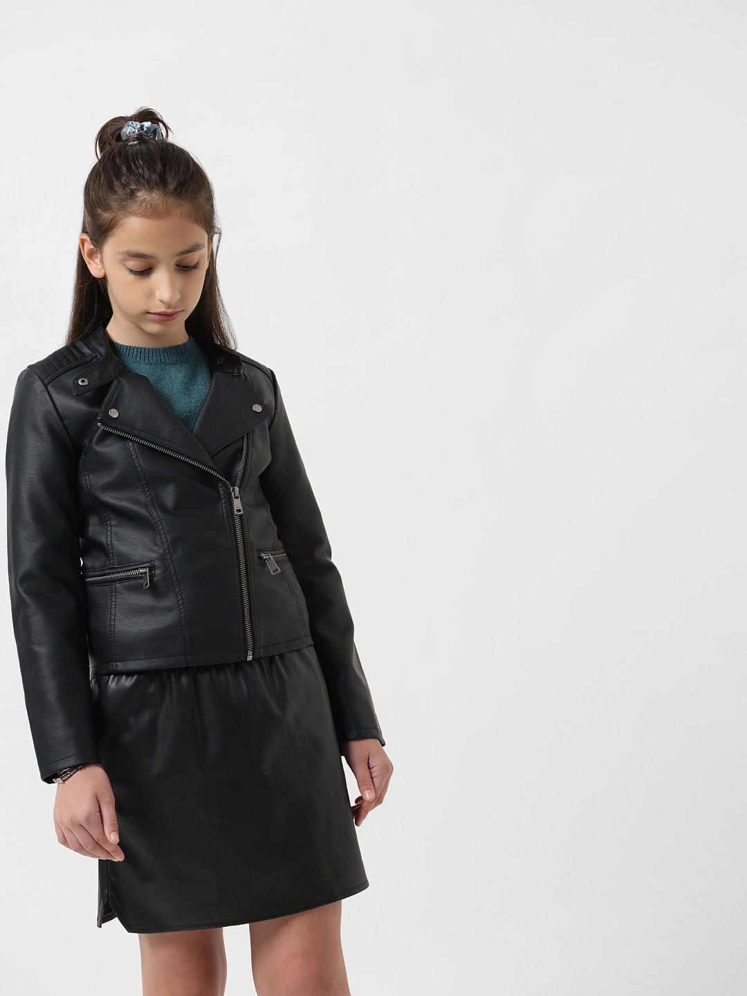 Girl Black Faux Leather Biker Jacket