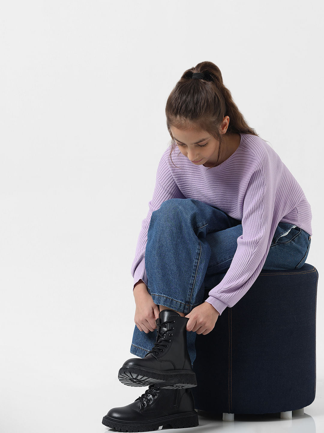 Girl Purple Ribbed Boat Neck Pullover