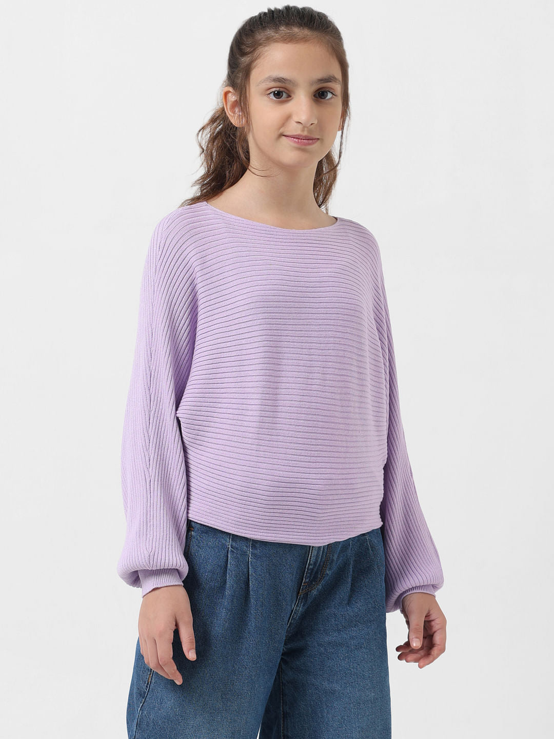 Girl Purple Ribbed Boat Neck Pullover