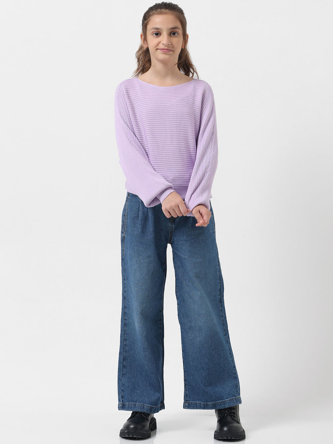 Girl Purple Ribbed Boat Neck Pullover