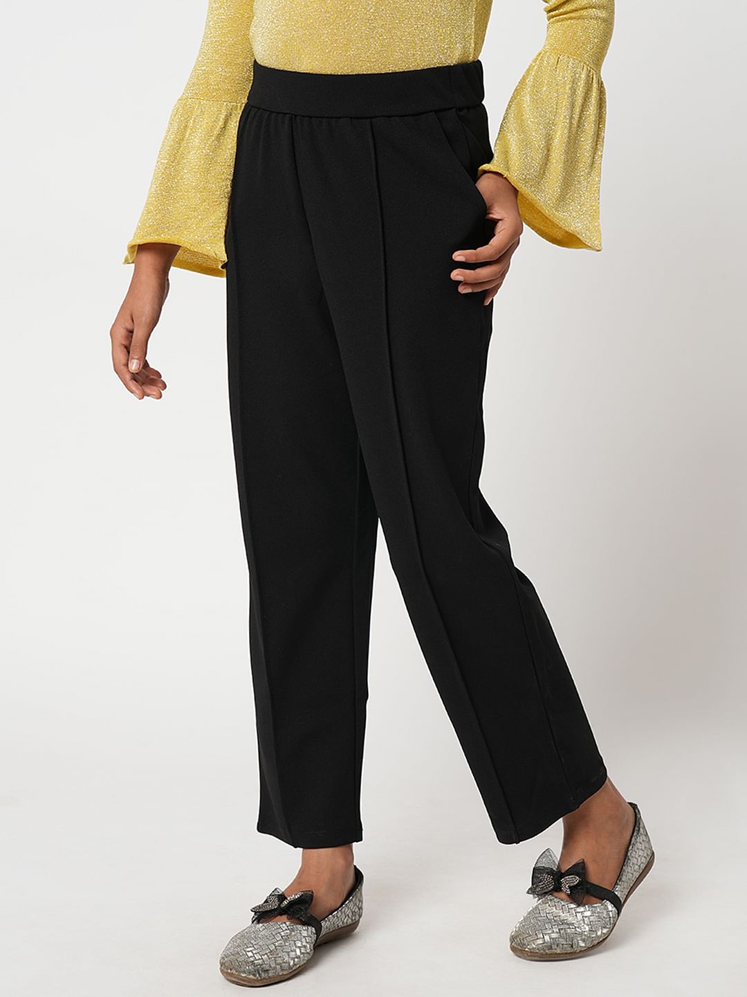 Girl Black Mid Rise Pintuck Pants