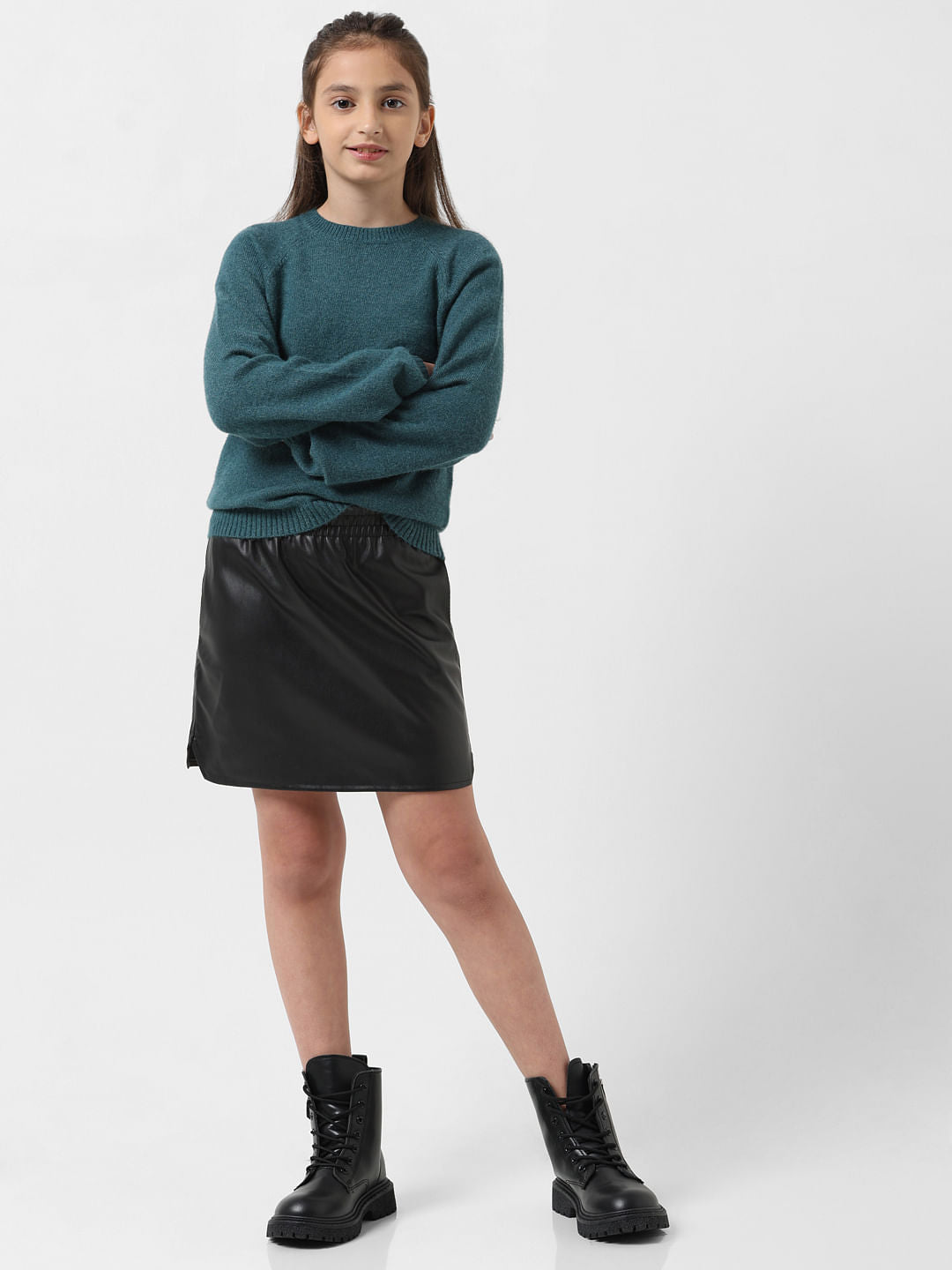 Girl Black Mid Rise Faux Leather Pull-Up Skirt