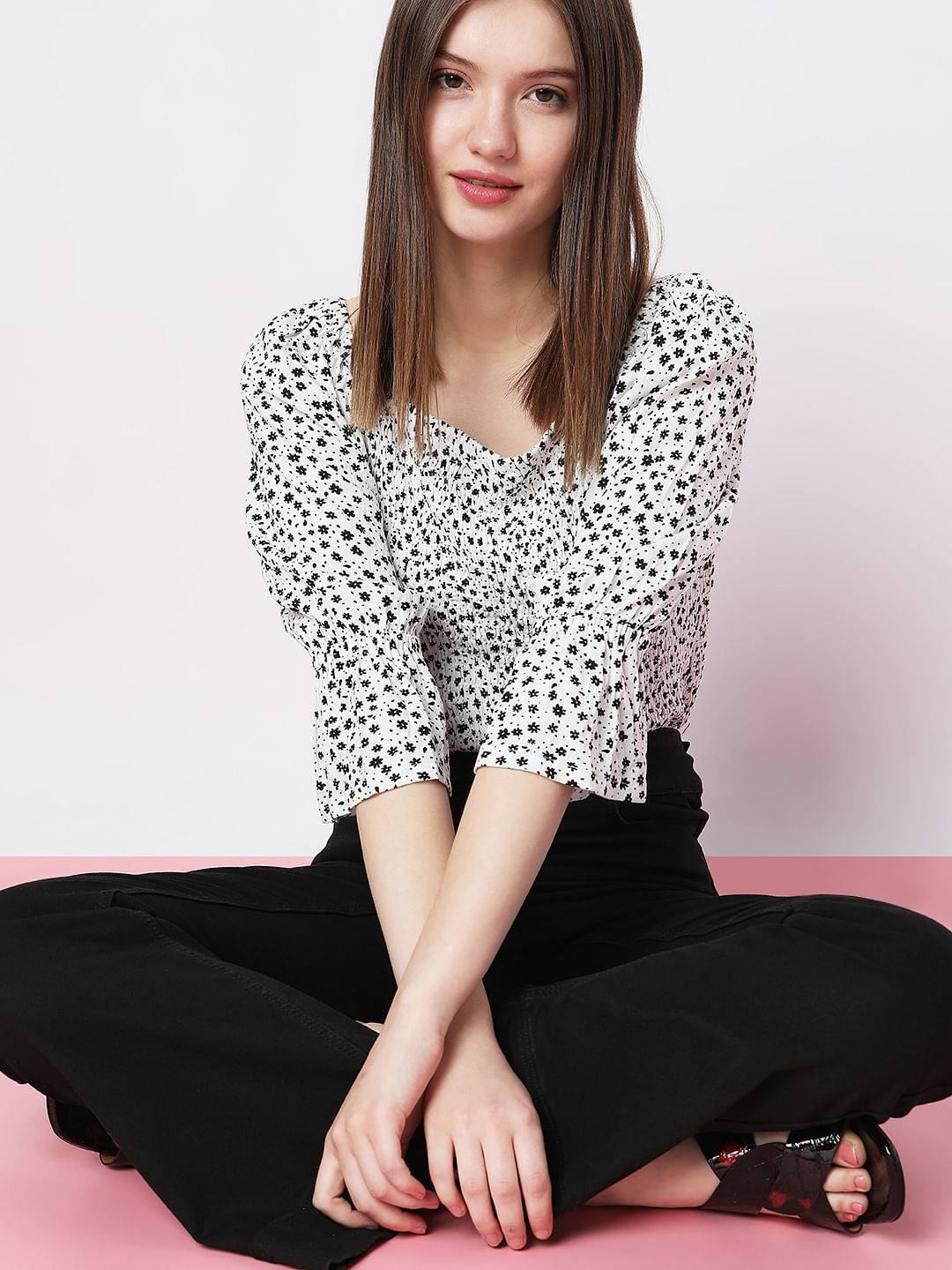 White Floral Smocked Top