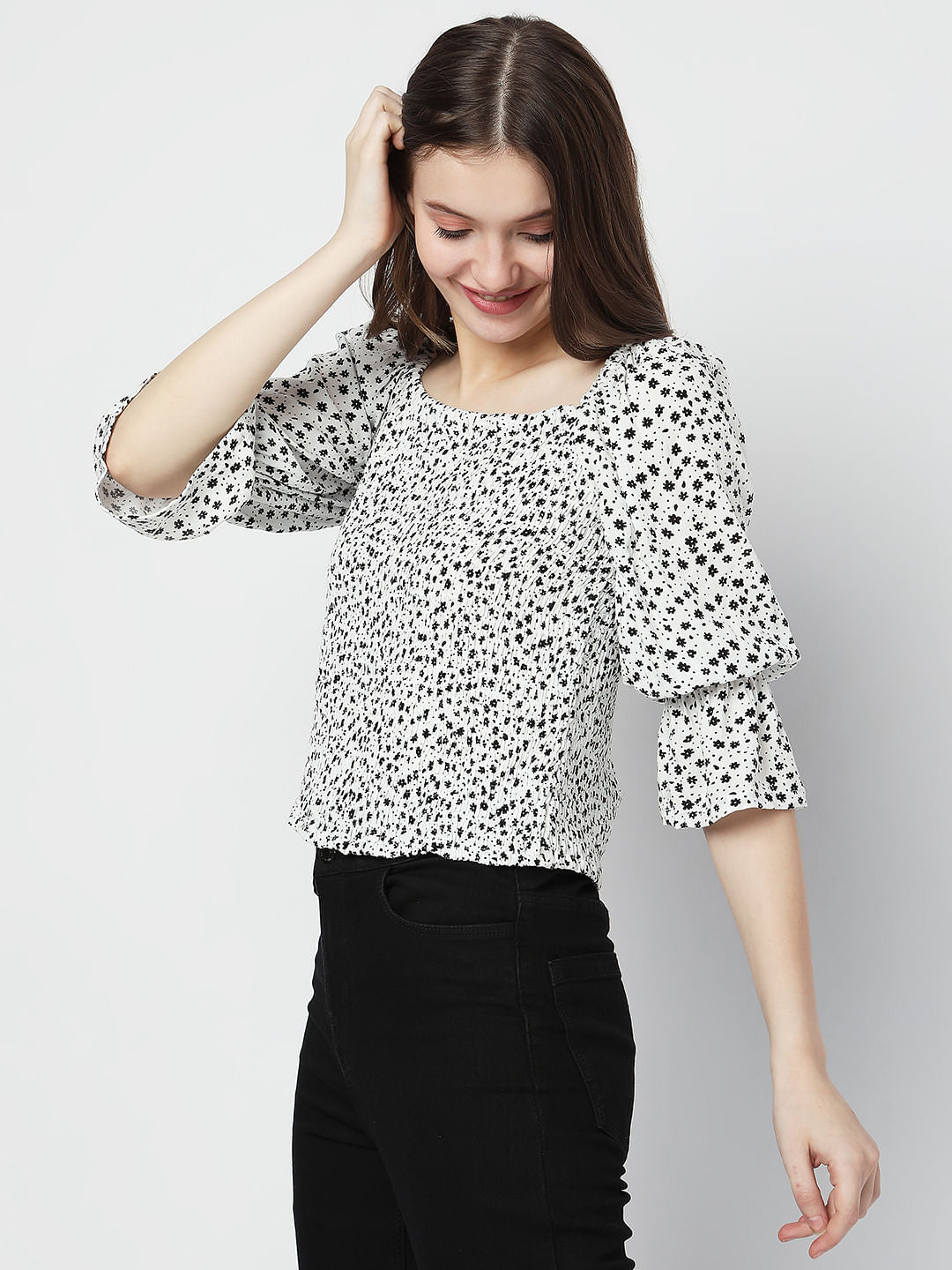 White Floral Smocked Top