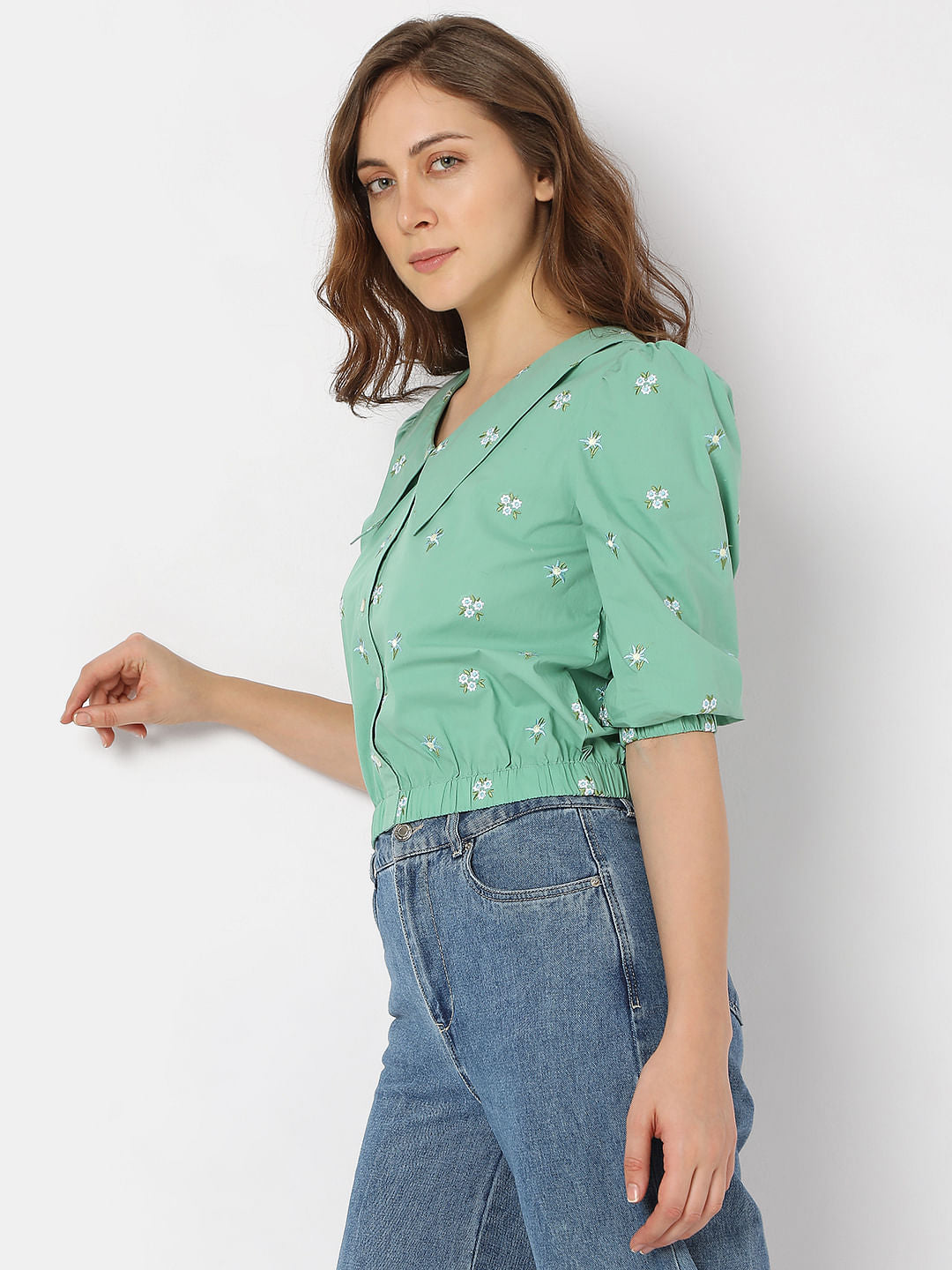 Green Cropped Floral Top