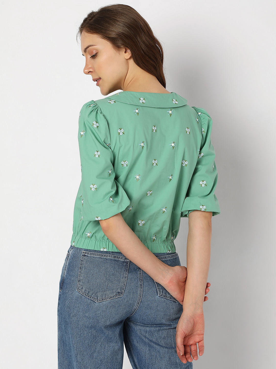Green Cropped Floral Top