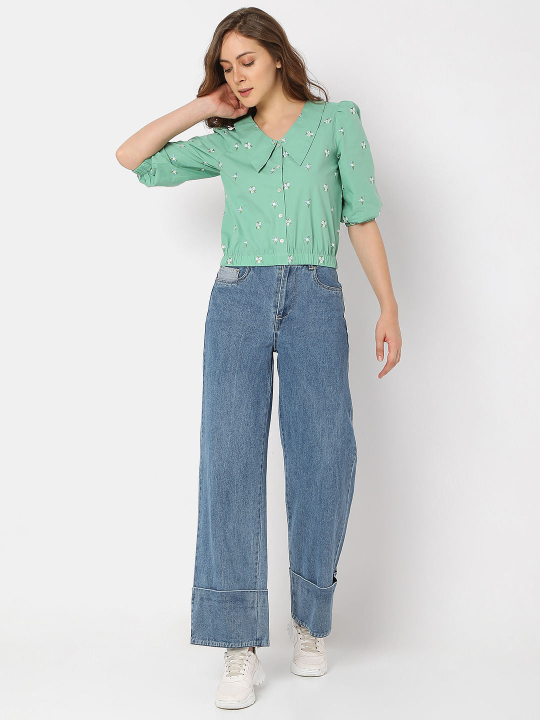 Green Cropped Floral Top