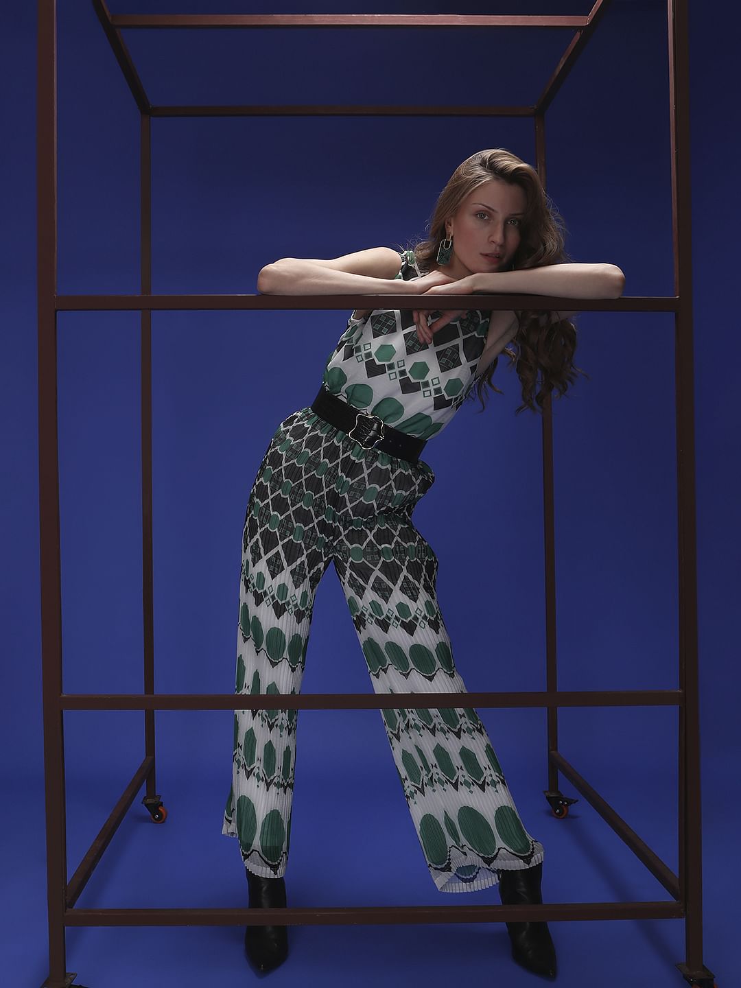 Green Geometric Print Jumpsuit