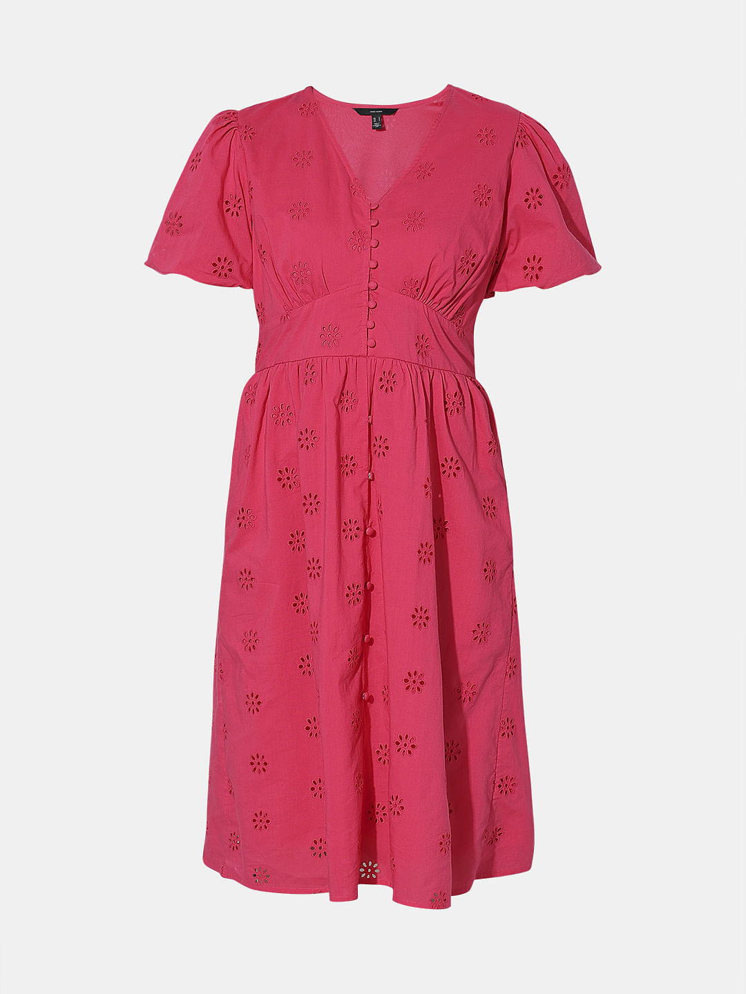 Dark Pink Floral Schiffli Print Dress